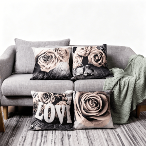 Valentine's Day Throw Pillow — Gray with Rose & "LOVE" Print