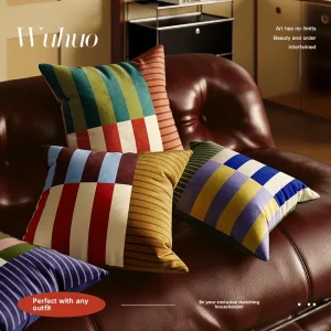 2025 Modern Nordic Style Decorative Throw Pillow Hot Dopamine Color Block Plush Cushion Bold Stripe Patchwork Square for Home