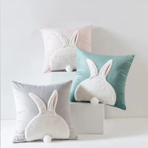 Embroidered Rabbit Design Faux Fur Velvet Throw Pillow 18x18 Inch Soft and Soothing Decorative Cushion Case for Sofa