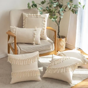 Boho Style Cotton Beige Color Pillowcase With Tassel . High Quality Luxury Home Sofa Decoration Pillow Cushion Cover