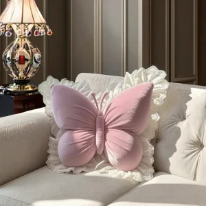 New Design Elegant Decorative Throw Pillow Cute Lace Butterfly on Soft Velvet Washable Cushion for Living Room